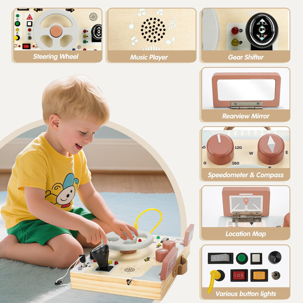 Joyreal busy board features lights and sounds for immersive sensory exploration on the go.