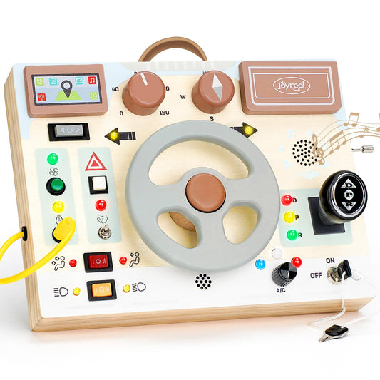 Joyreal toddler busy board with LED lights and steering wheel boosts imaginative play and motor skills.