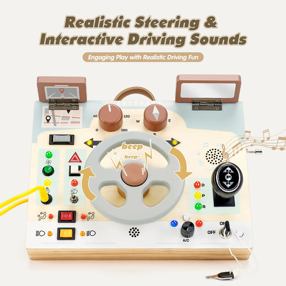 Joyreal busy board with working gear lever supports fine motor control during pretend driving.