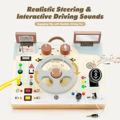Joyreal busy board with working gear lever supports fine motor control during pretend driving.