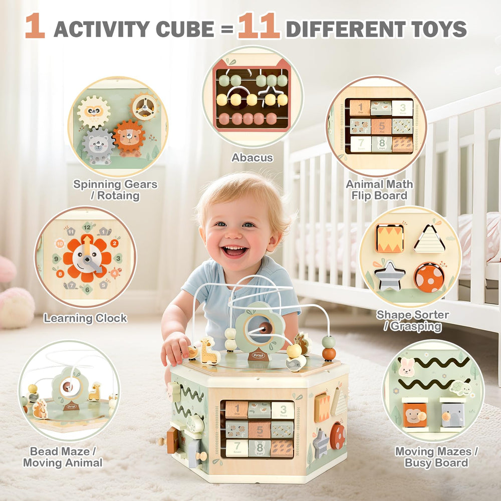 Joyreal Wooden Activity Cube with spinning gears for hand-eye coordination