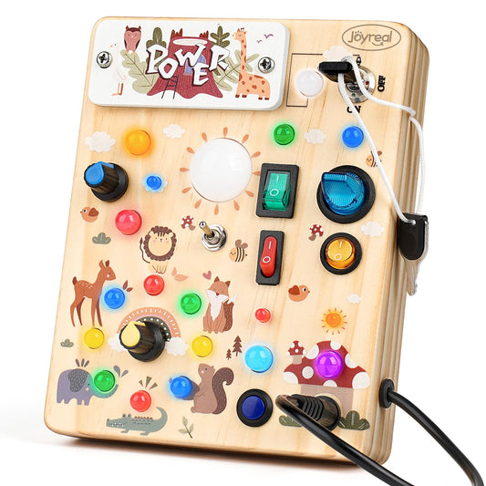 Joyreal wooden busy board with forest LED lights for sensory play.