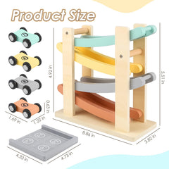 Joyreal wooden car ramp with four mini cars encourages early motor skills.