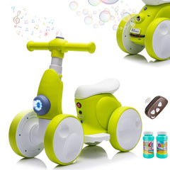 JoyRydz 6V electric baby balance bike with bubble machine, cyan, engaging outdoor play.