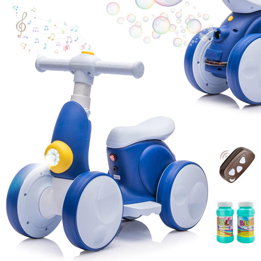 JoyRydz 6V baby balance bike front view with bubble machine for outdoor play