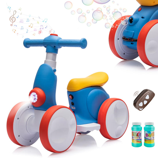 JoyRydz 6V balance bike front view with bubble machine for indoor fun.