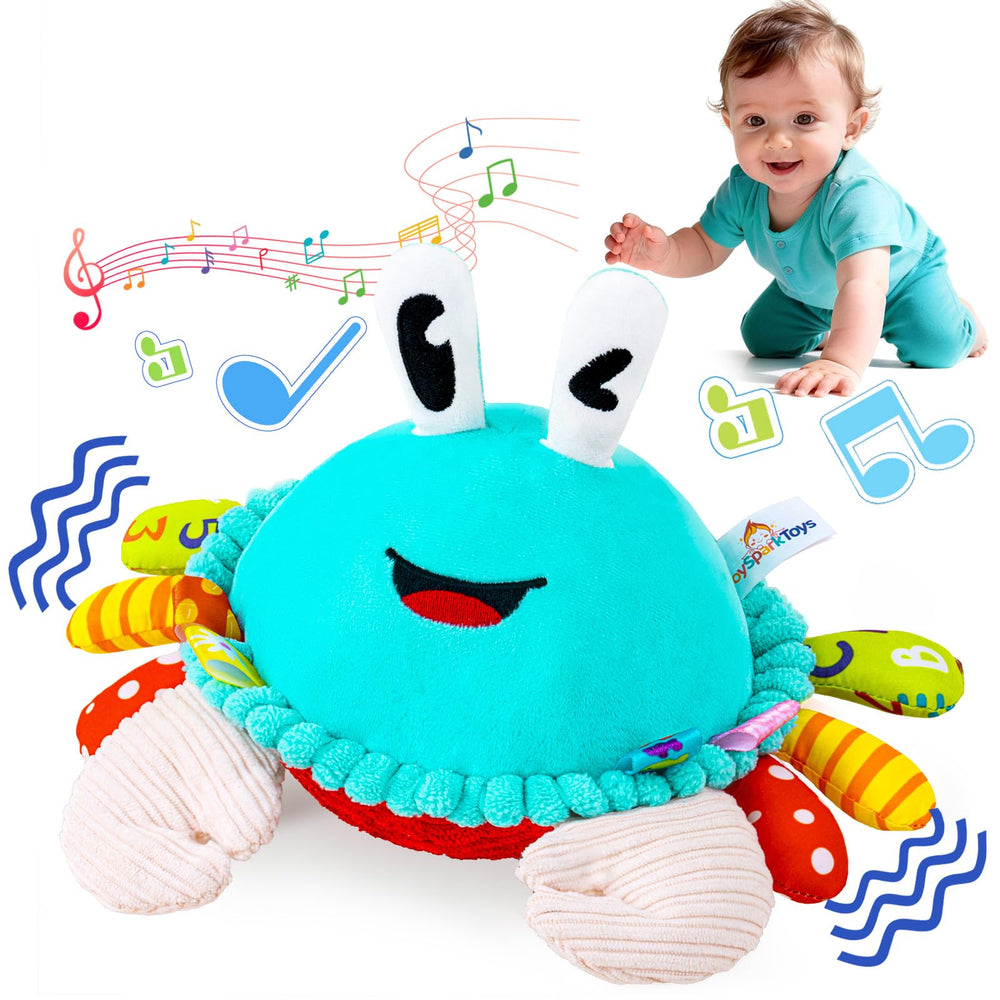 JoySpark Toys crawling crab dancing in action promotes tummy time and motor skill exploration for infants.