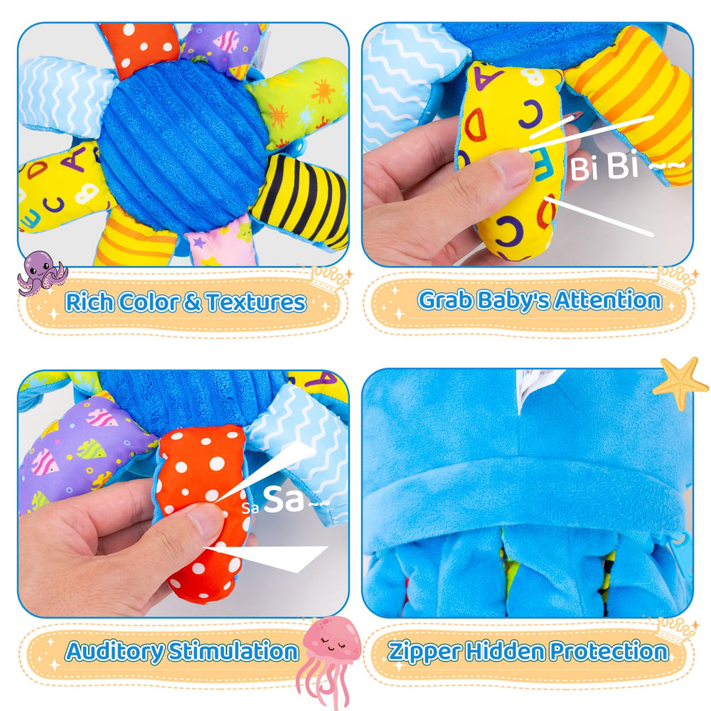 JoySpark Toys crawling octopus side view highlights interactive play that sparks motor skills growth.