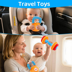 JoySpark Toys elastic pull band doubles as teether for soothing teething sessions.