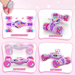 JoySpark unicorn RC car with lights and music enhances play ambiance.