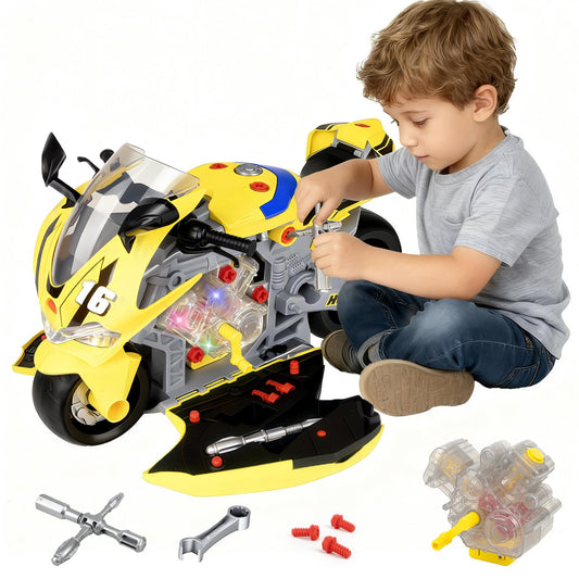 JoySpark Toys take-apart motorcycle kit with modular parts for hands-on learning and play