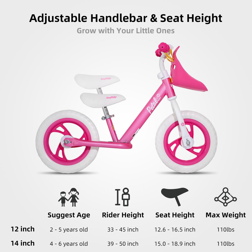 JOYSTAR 12-inch balance bike seat closeup with soft padded saddle.