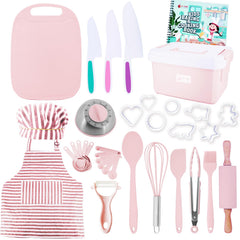 JoyTown pink kids cooking set with storage case for safe hands-on learning.