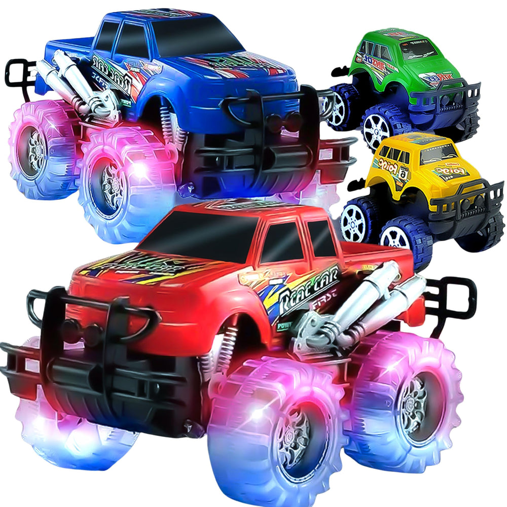 JoyX light-up monster truck blue side view highlighting glowing LEDs for bright play.