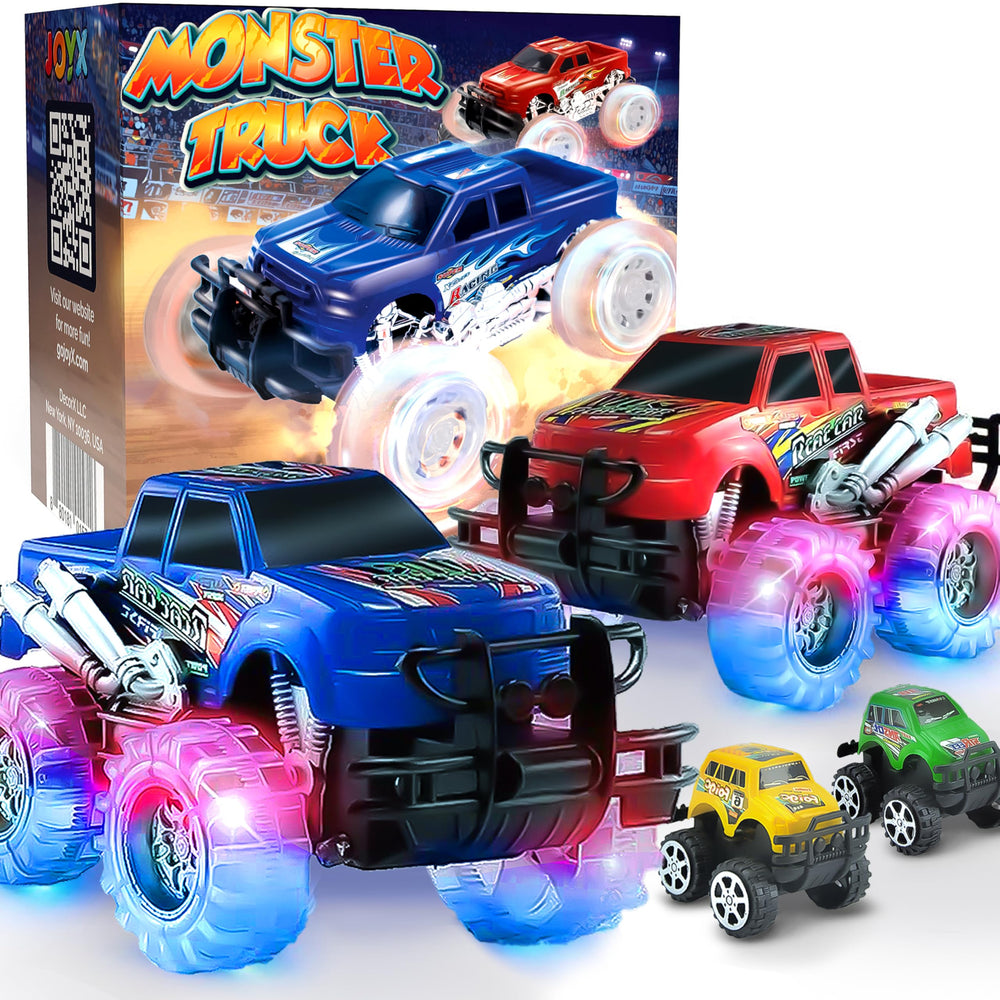 JoyX light-up monster truck red front view with glowing tires for nighttime play.
