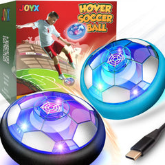 JoyX rechargeable hover soccer ball 2-pack gliding on wood floor with LED glow.