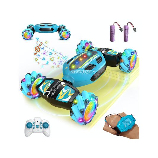 JSDOOGOO gesture sensing RC stunt car sky blue front view with LEDs for indoor fun