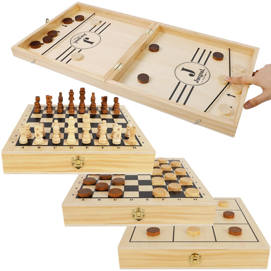 Juegoal 4-in-1 wooden fast sling puck board open for family play and learning
