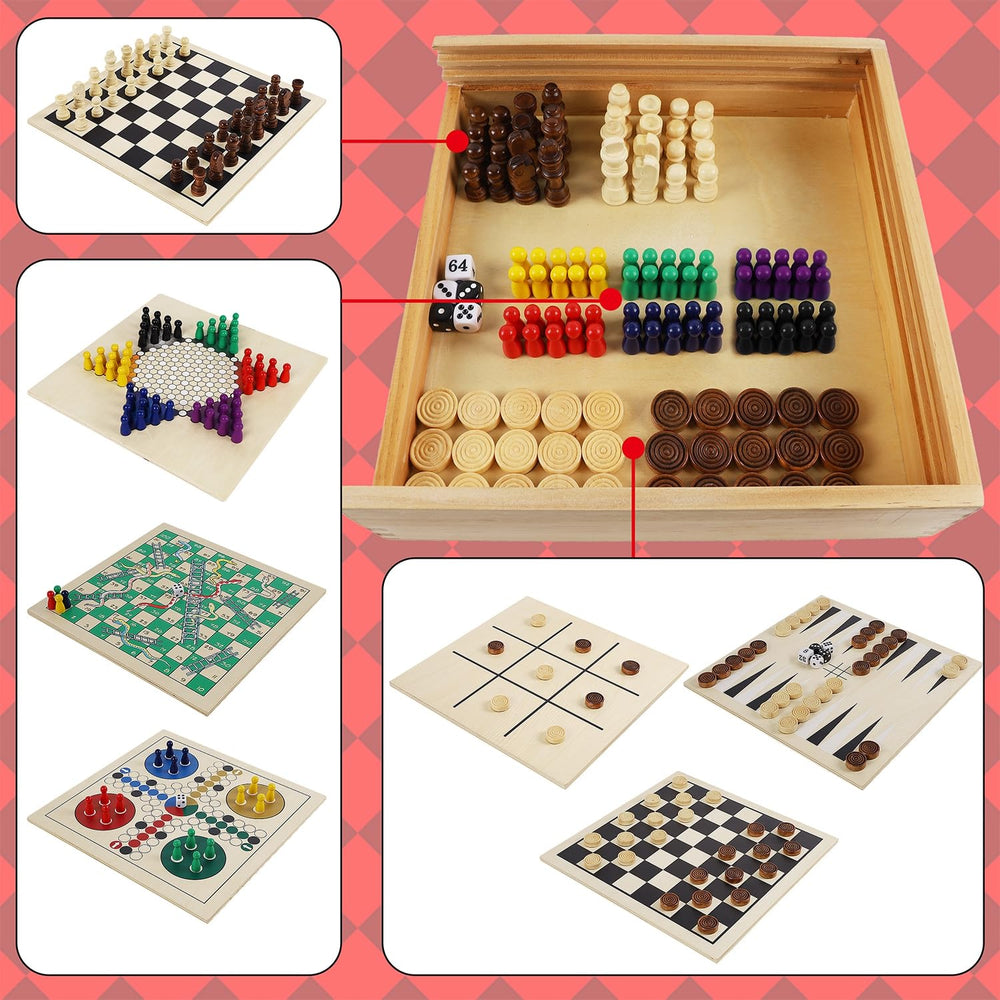 Juegoal 7-in-1 wooden board game set showcasing backgammon
