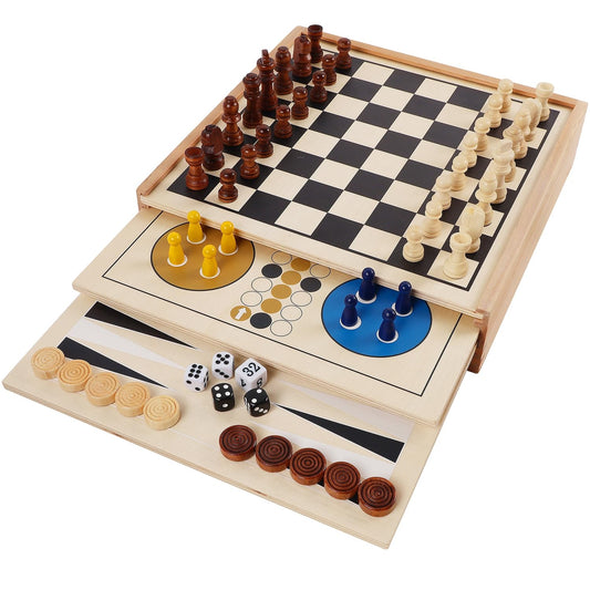 Juegoal 7-in-1 wooden board game set with chess for family night