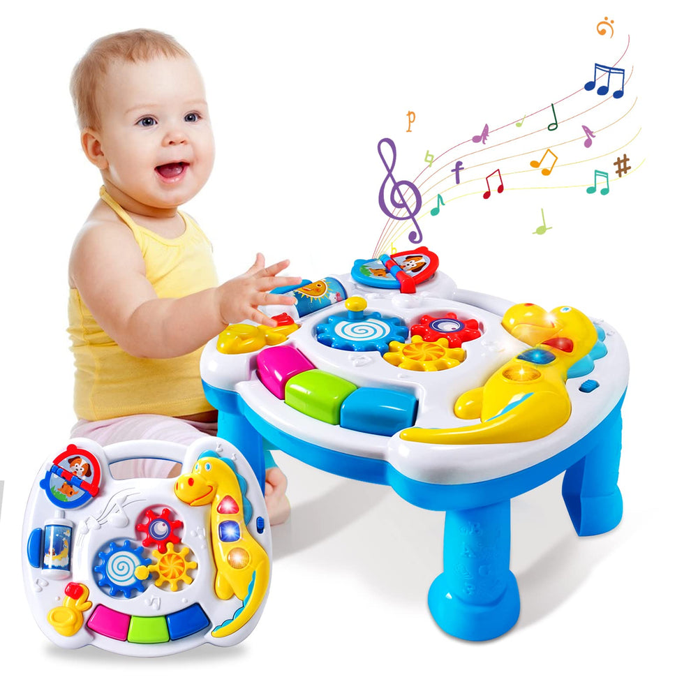 JUEJIAZKIY music baby activity center piano and gears promote early motor skills.