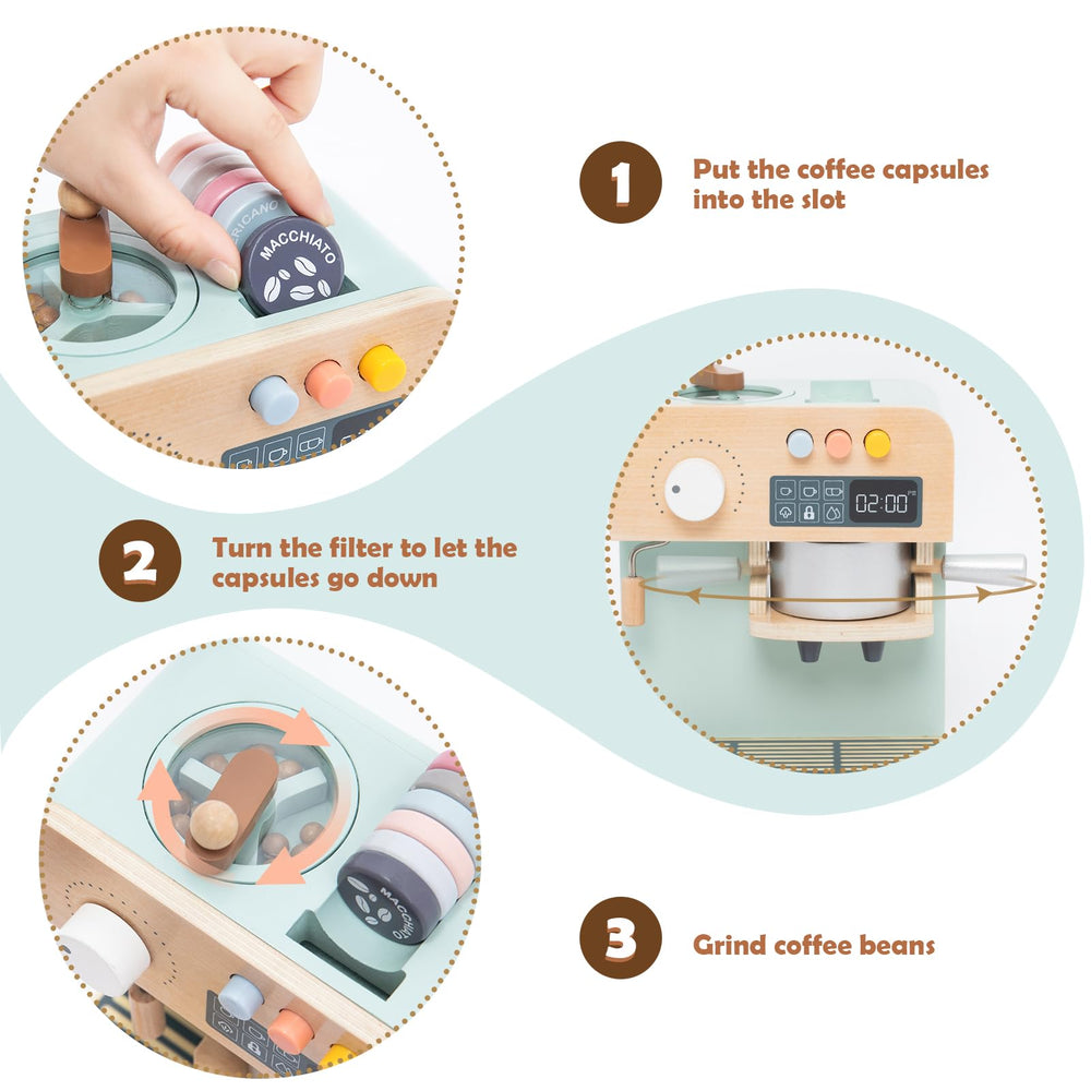 Jugueteland turnable knobs provide realistic interaction in kitchen pretend play.