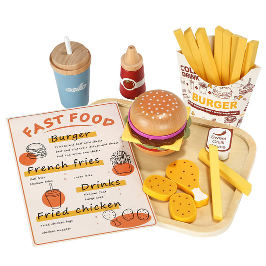 JugueteLand wooden hamburger assembly set for imaginative play and fine motor skills