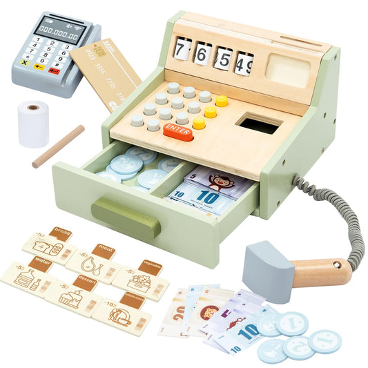 JugueteLand wooden cash register with scanner for realistic pretend shopping and counting