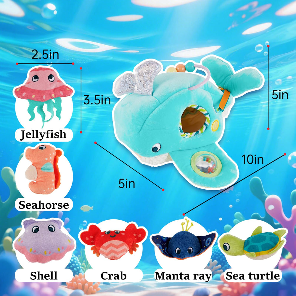 Juivin Ocean Whale seahorse plush supports fine motor exploration.