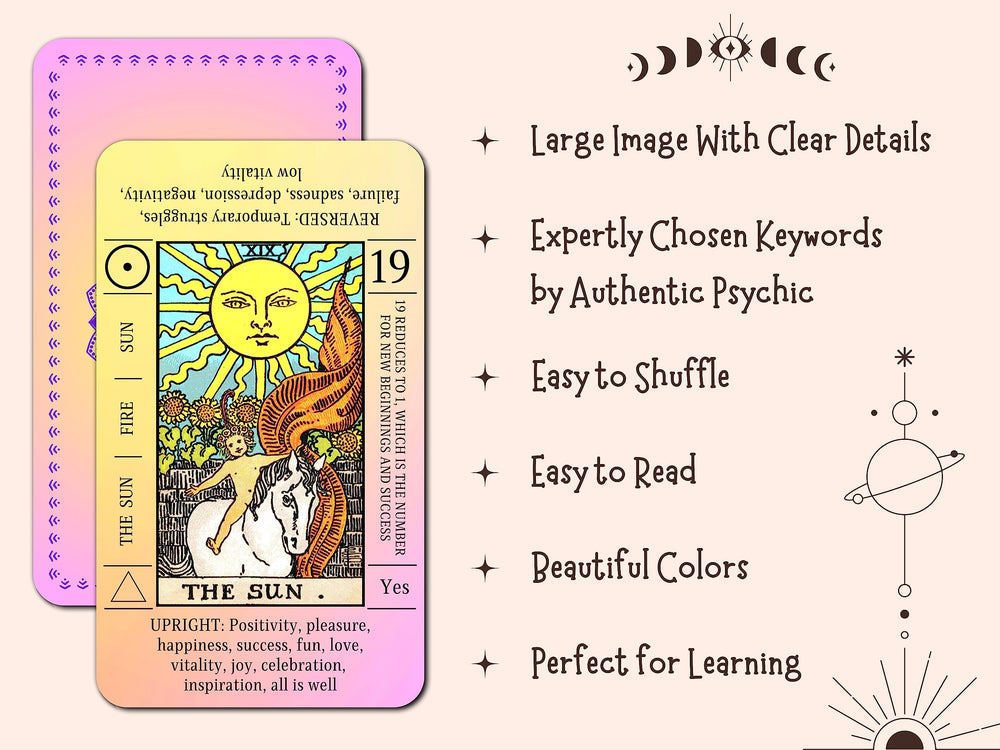 JUJU'S VIBES Sunset Tarot Deck reversed colors clearly distinguish upright and reversed meanings.