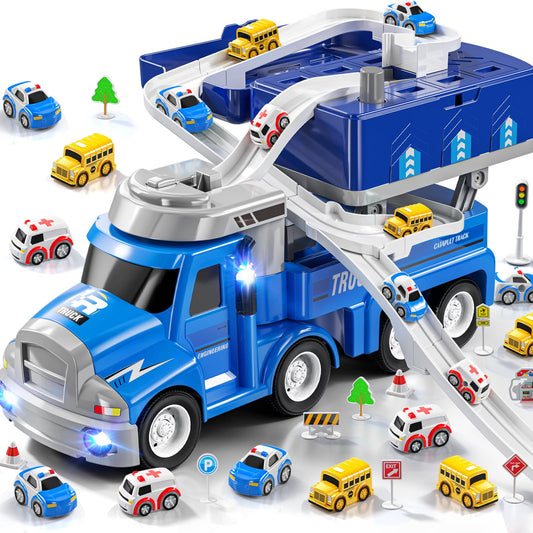 JUKUDAHU 2-in-1 carrier truck with eight city cars for imaginative play and learning
