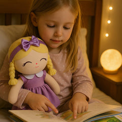 Jumbrace 16 inch purple doll during sleep time provides comforting bedtime presence