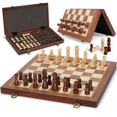 Jumlys magnetic wooden chess set on a 15-fold folding board, ideal for travel and tournaments.