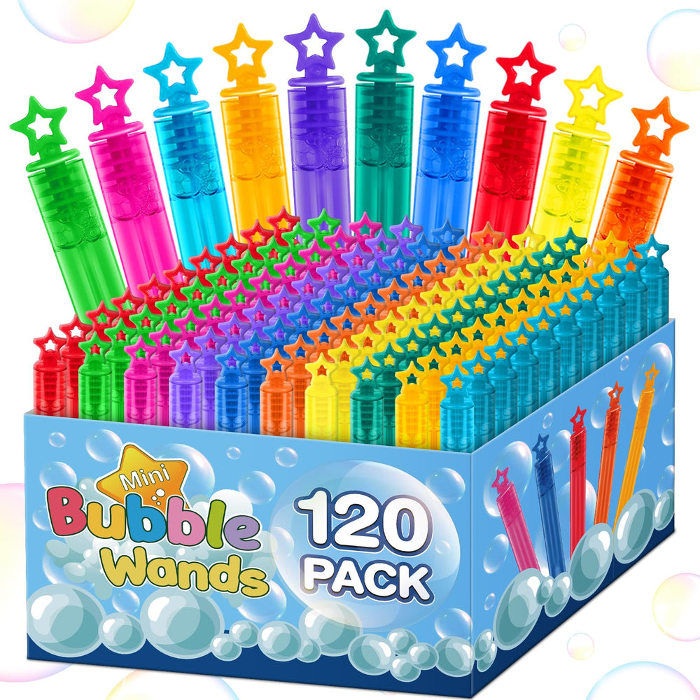 Jumlys mini bubble wands with star handles in six colors, ideal party favors.