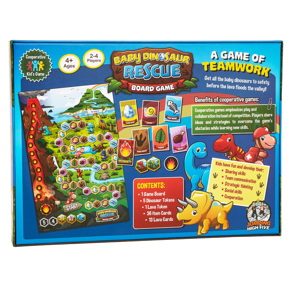 Jumping High Five Baby Dinosaur Rescue colorful board artwork supports storytelling and exploration.
