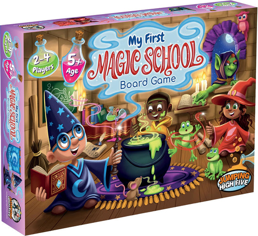 Jumping High Five My First Magic School board game cover inviting family game night.
