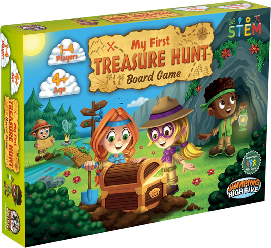 Jumping High Five My First Treasure Hunt box on a table for family cooperative play.