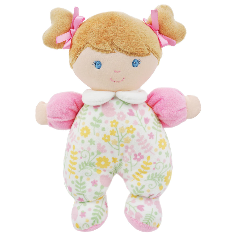 June Garden Blossom doll face close-up with embroidered features for soothing visuals.