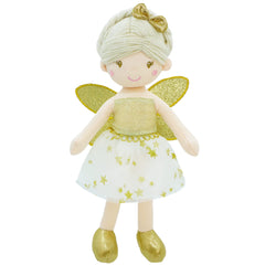 June Garden Joyce enchanted fairy doll with gold wings glows softly for bedtime wonder.