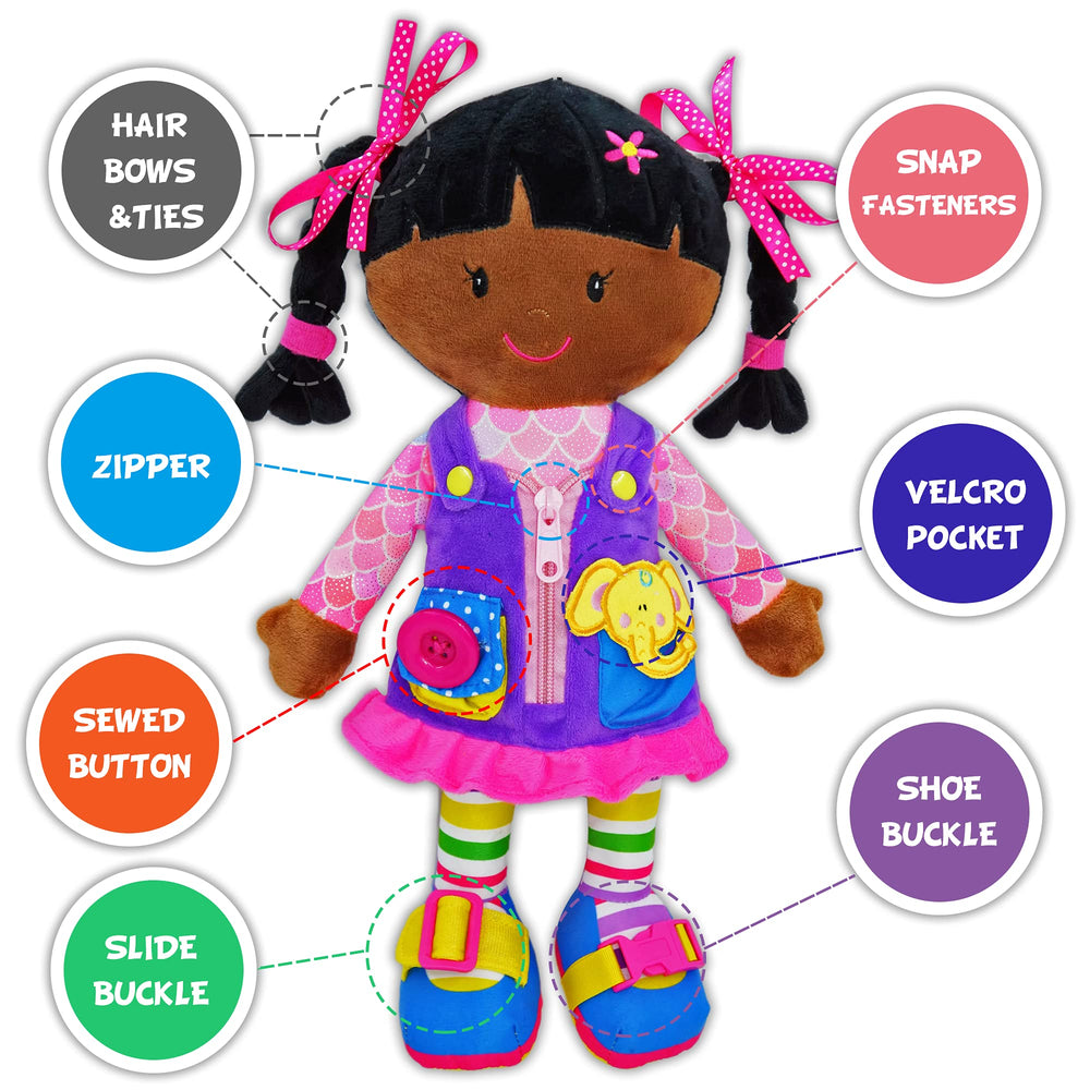 June Garden Scarlett buckle soft toy helps kids practice dressing skills.