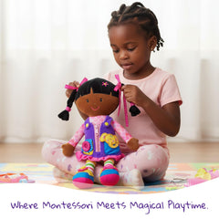 June Garden Dressy Friends Scarlett zipper practice boosts fine motor play.