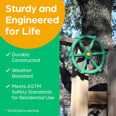 Jungle Gym Kingdom pirate ship wheel green mounted on a playhouse supports durable adventures