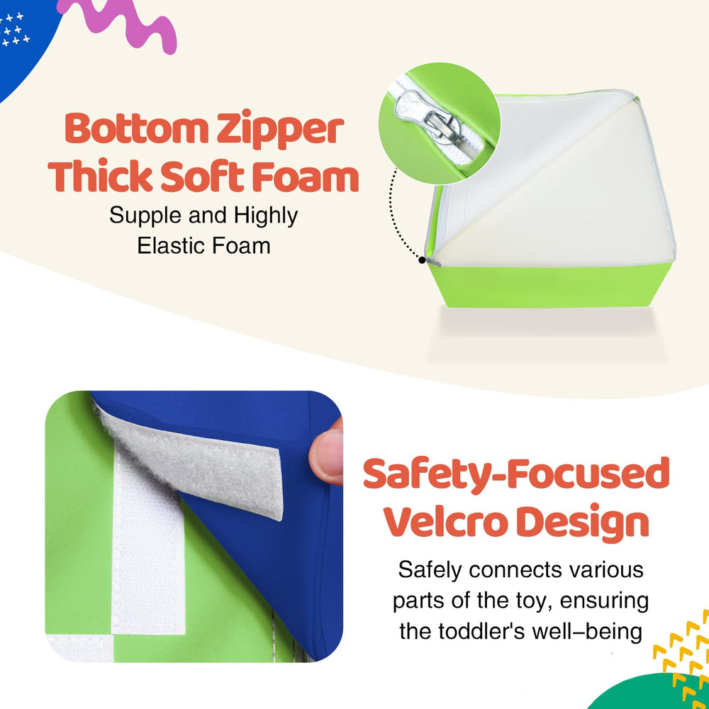JungleDove blue foam blocks for tactile exploration during playtime.