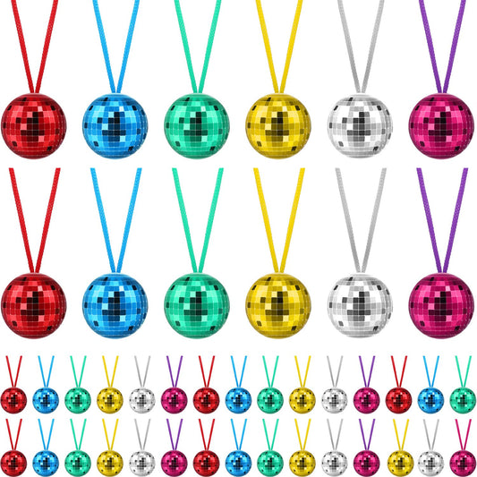 Junkin disco ball necklaces wide shot, colorful mirrored cubes enhance festive ambience.