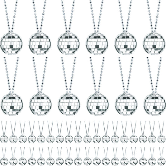 Junkin disco necklaces with 48 silver mirror balls reflect lights for festive décor