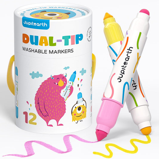 JUPITEARTH washable dual-tip markers in portable case for mess-free on-the-go coloring.