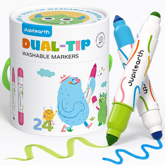 JUPITEARTH washable dual-tip markers pack—mess-free coloring for kids.