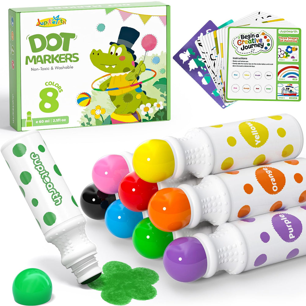 JUPITEARTH dot markers in eight colors, washable and toddler-safe for crafts.