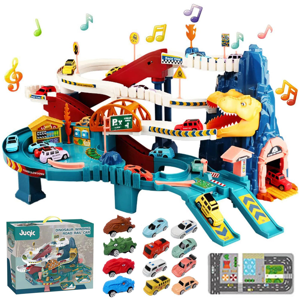 Juqic dinosaur hill ramp track with vibrant cars sparks imaginative play and coordination.
