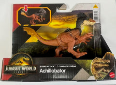 Jurassic World Rebirth Strike Attack Achillobator figure with AR foot code for interactive play.